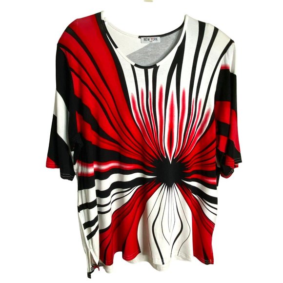 New York Tops - New York Womens Red, Black, and White Graphic Print Knit Top Size XXL Glam Boho